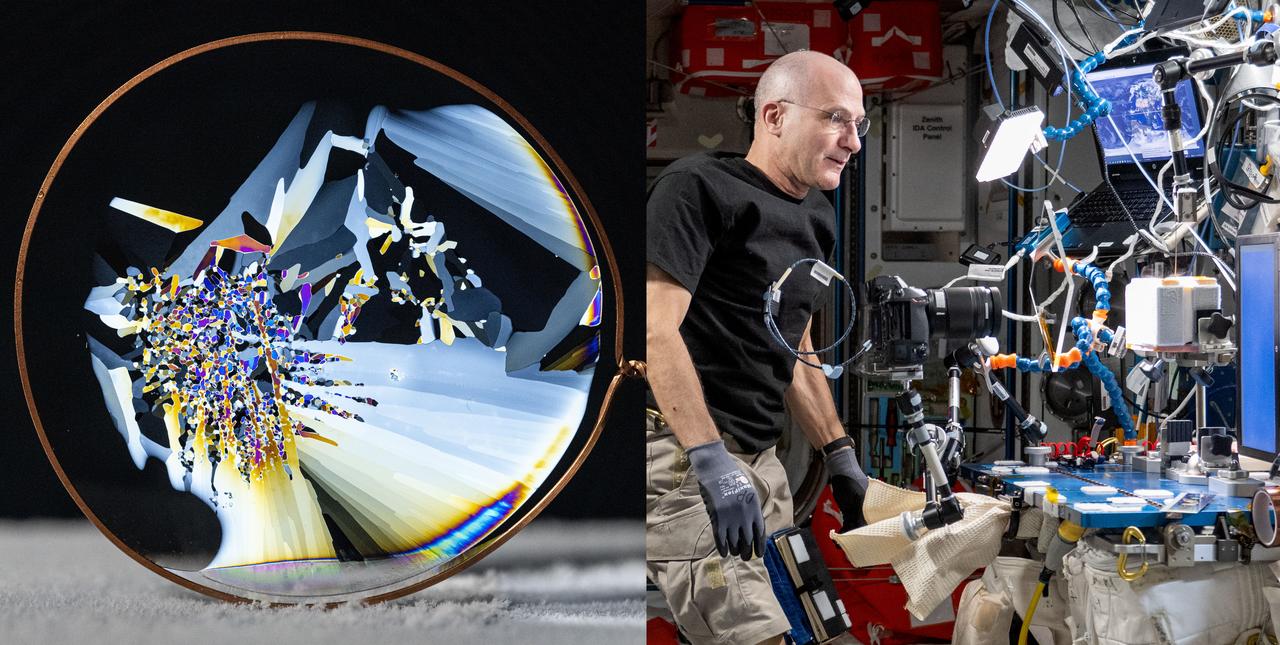 iss072e096196 and iss072e098100 (Oct. 23, 2024) -- NASA Astronaut Don Pettit views thin wafers of ice under polarized filters on the International Space Station. Pettit conducts “science of opportunity” using station’s MELFI freezer to understand the behaviors of freezing water under microgravity conditions without gravitational buoyancy. This ice wafer was photographed between a polarized filter and a laptop display used to illuminate and cross-polarize the thin ice, giving a colorful image highlighting the fragmented crystals. This is a composite image of iss072e098100 and iss072e096196.